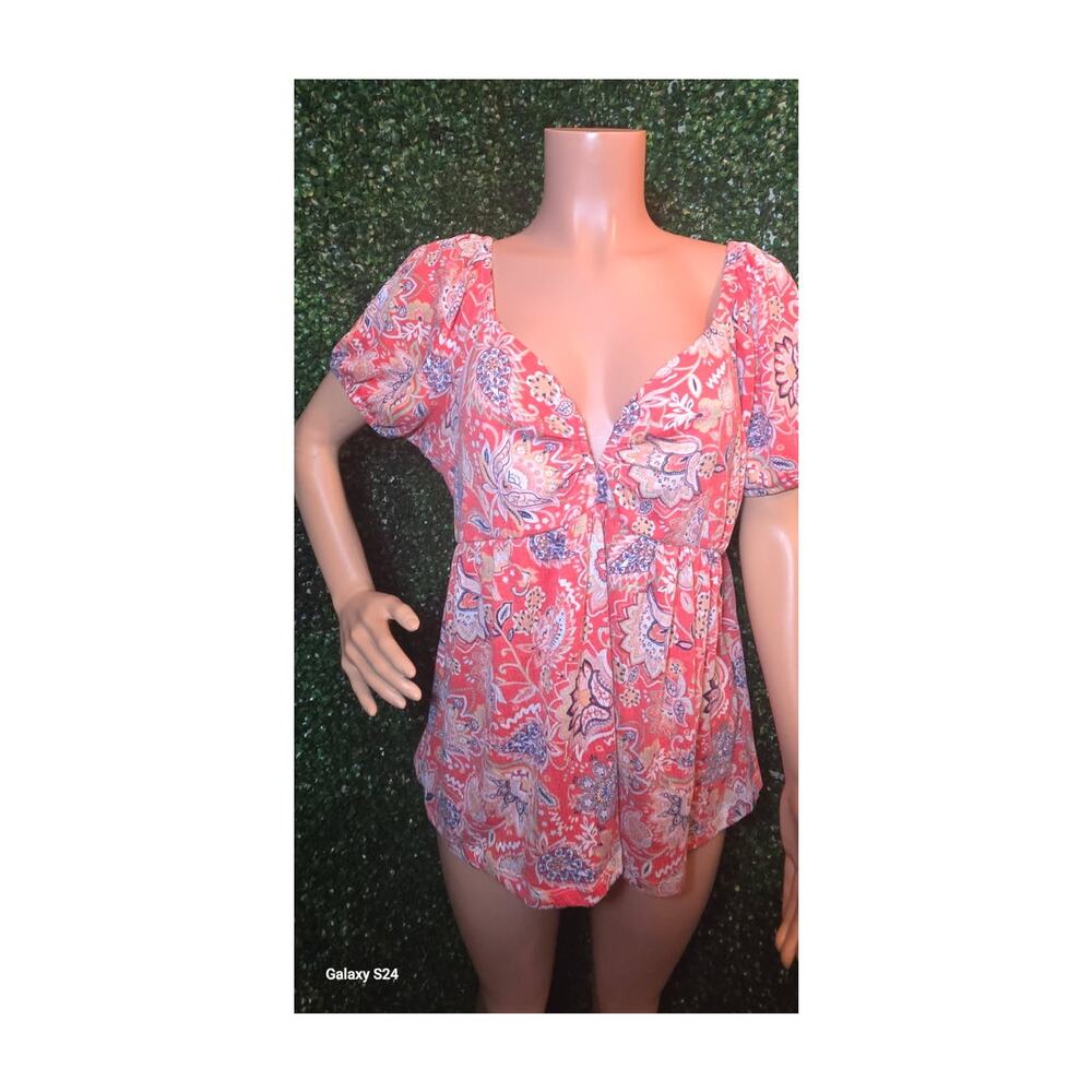 Boho Chic Summer BabyDoll Top w/Puff Sleeves & Deep V-Neck, Sz Large